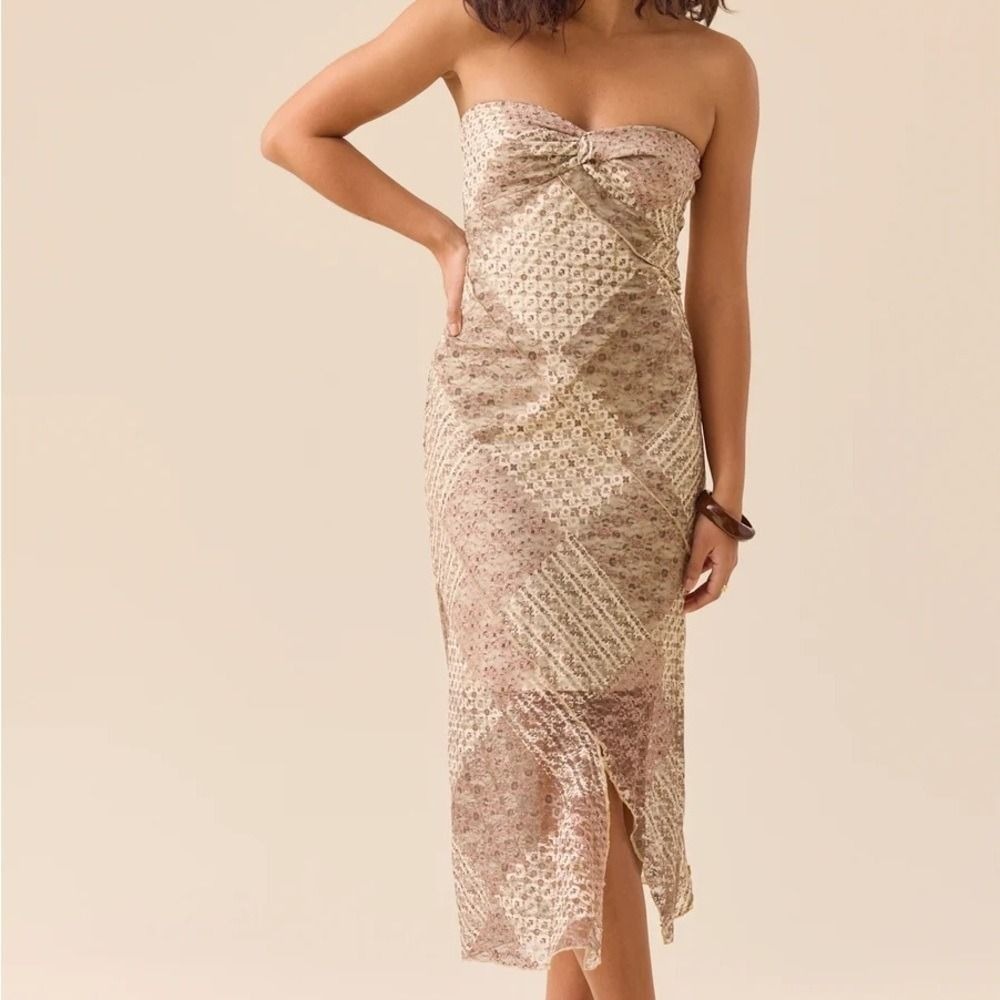 Altar'd State Strapless Midi Dress in Neutral Patchwork Print Size Small